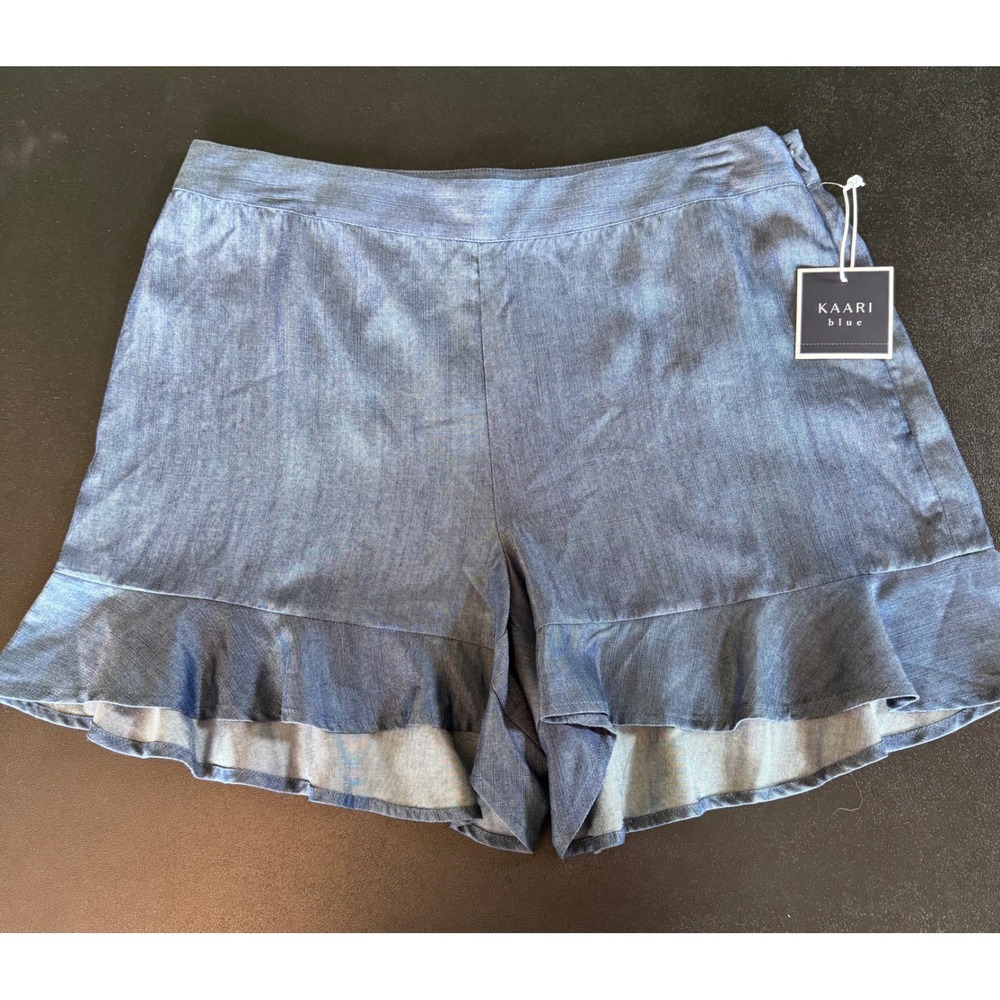 Kaari Blue Womens Ruffle Hem Chambray Shorts Blue Lyocell Side Zip Size 8 NEW